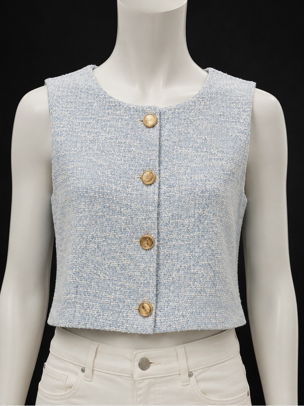 Zara Light Blue Tweed Cropped Vest with Gold Buttons
